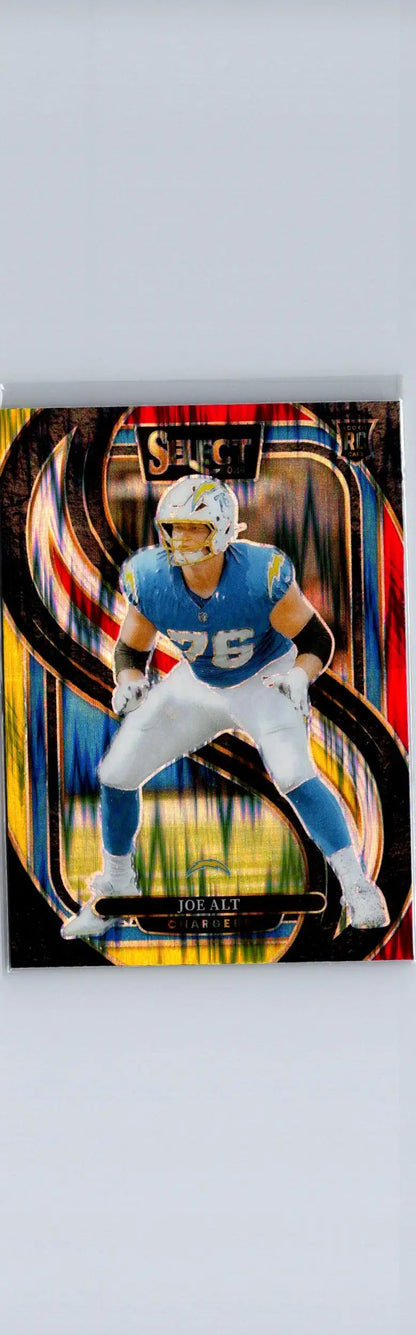 Football trading card featuring Joe Alt in light blue uniform with number 76, 2024 Panini Select Joe Alt Red Yellow Prizm Shock