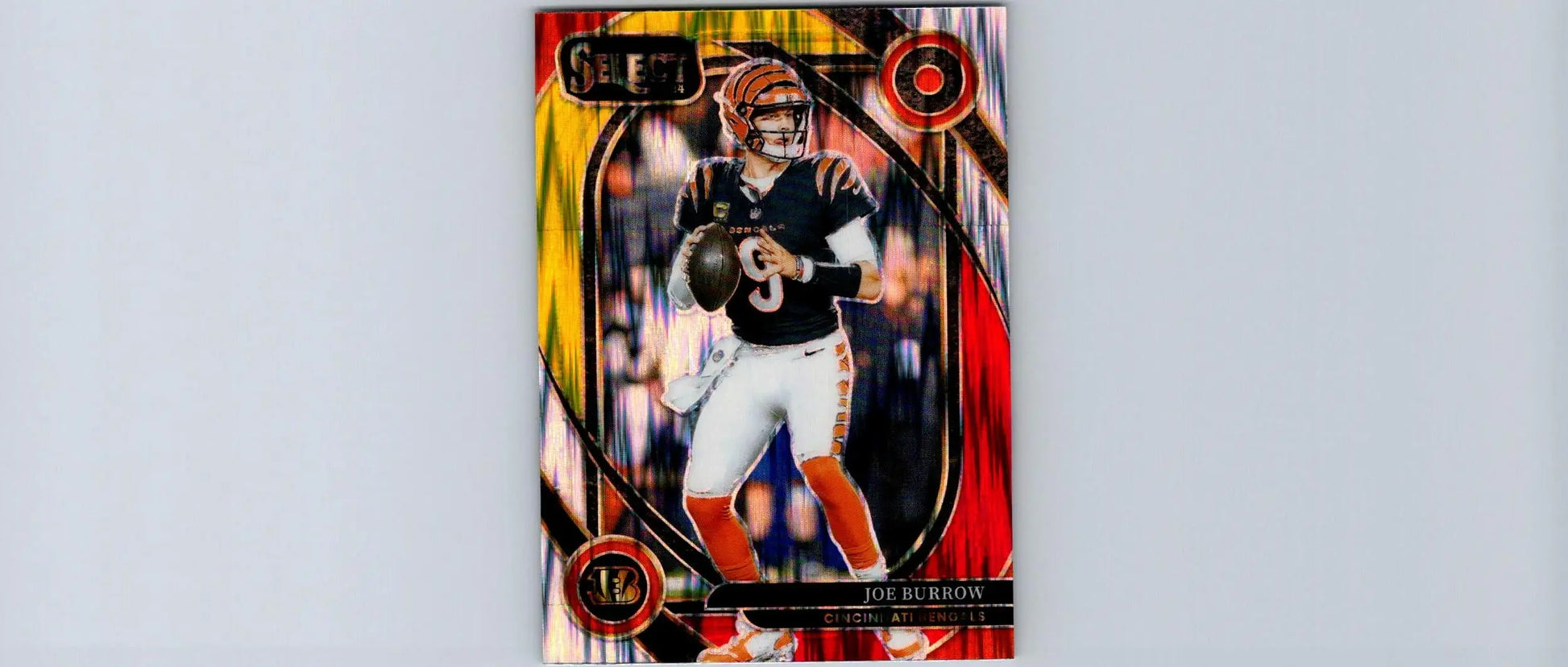 Joe Burrow Panini Select NFL trading card featuring Joe Burrow Red & Yellow Prizm Shock