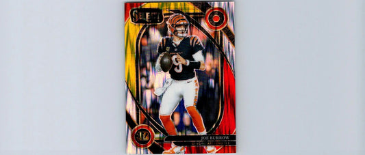 Joe Burrow Panini Select NFL trading card featuring Joe Burrow Red & Yellow Prizm Shock