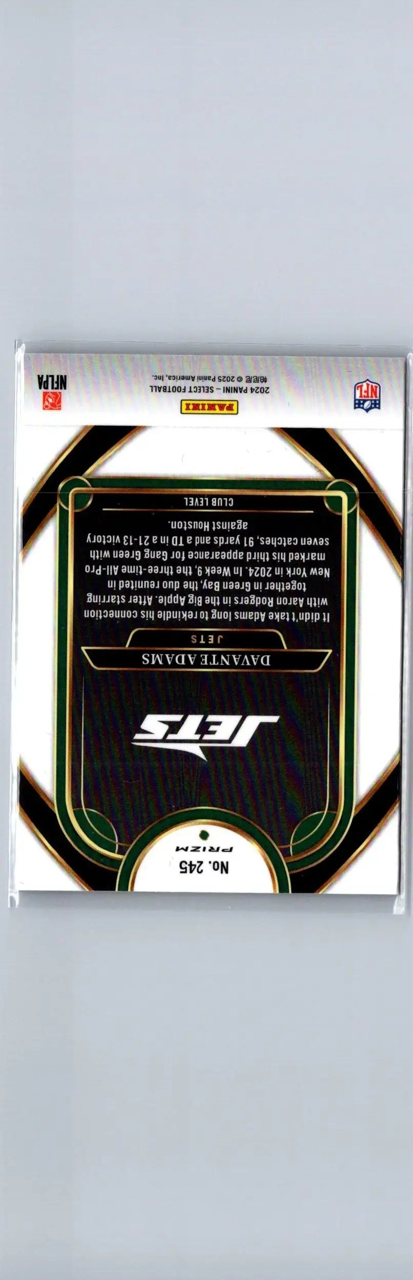 Back of a 2024 Panini Select Davante Adams Red & Yellow Prizm Shock football card