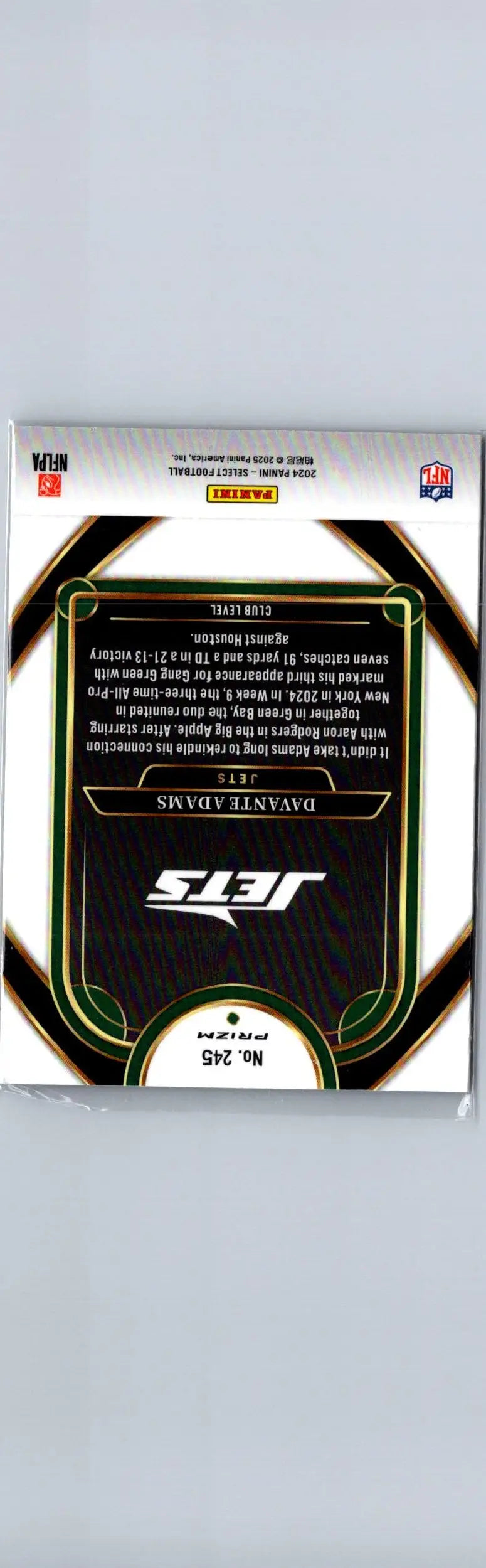Football trading card featuring Davante Adams with JETS logo, green and gold border, Red & Yellow Prizm Shock