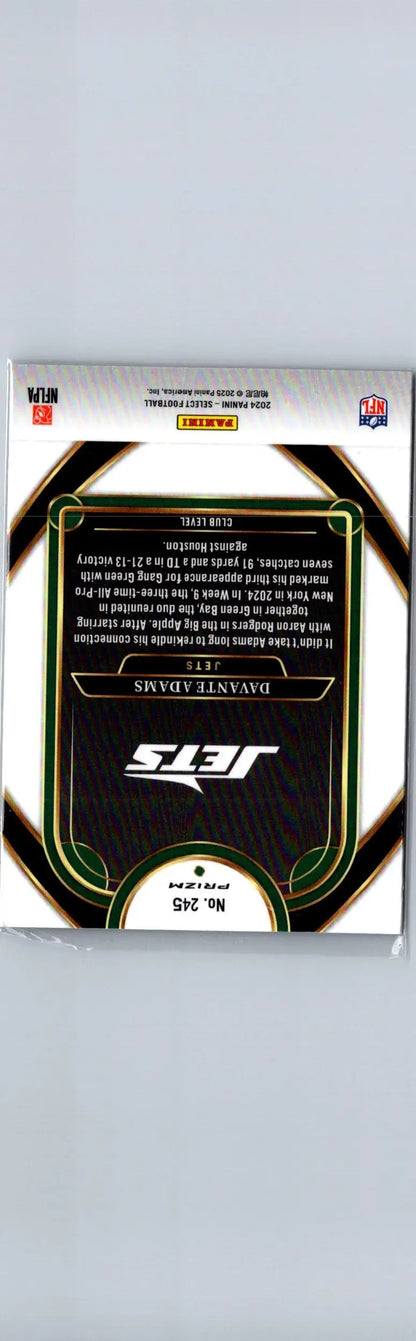 Football trading card featuring Davante Adams with JETS logo, green and gold border, Red & Yellow Prizm Shock