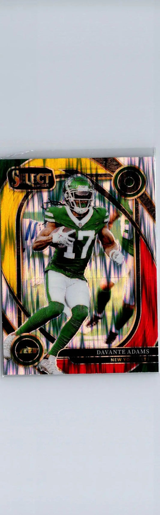 2024 Panini Select Davante Adams Red & Yellow Prizm Shock NFL trading card featuring Davante Adams in Jets uniform