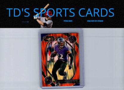 Derrick Henry Orange Prizm Shock trading card with purple jersey on orange and black background