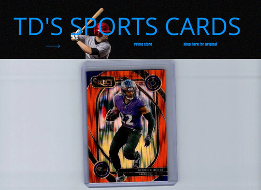 Derrick Henry Orange Prizm Shock trading card with purple jersey on orange and black background