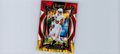 Red and gold Marvin Harrison Jr. football trading card from Panini Select with Yellow Prizm Shock