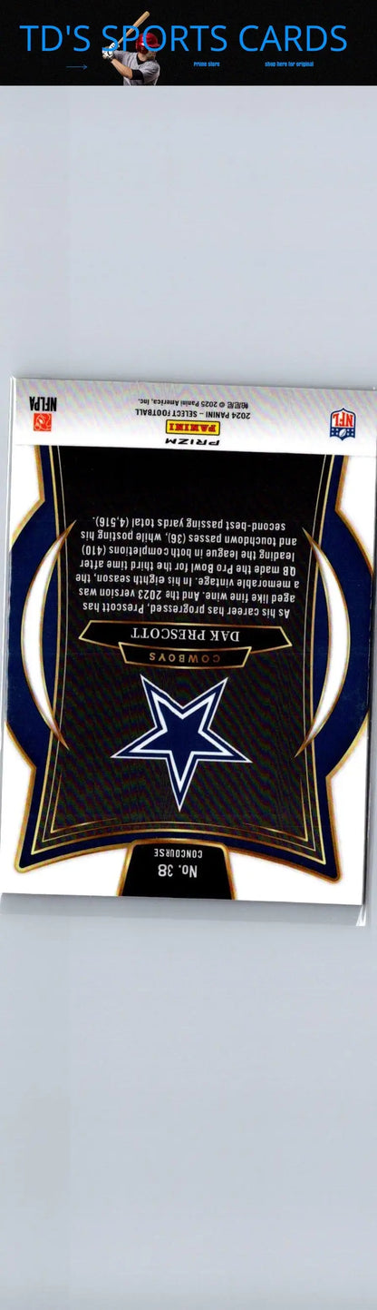 Back of 2024 Panini Select Dak Prescott Red & Yellow Prizm Shock football card