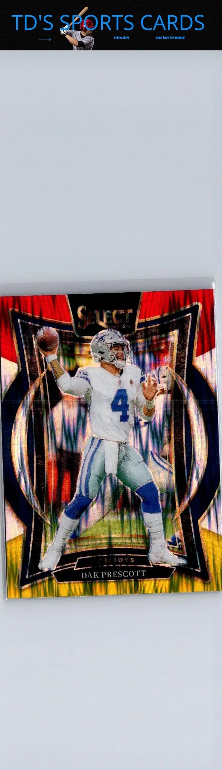 Dak Prescott Panini Select trading card featuring Red & Yellow Prizm Shock design