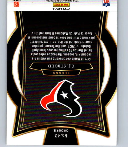 Back of a C.J. Stroud football trading card from Panini Select 2024 with yellow prizm shock