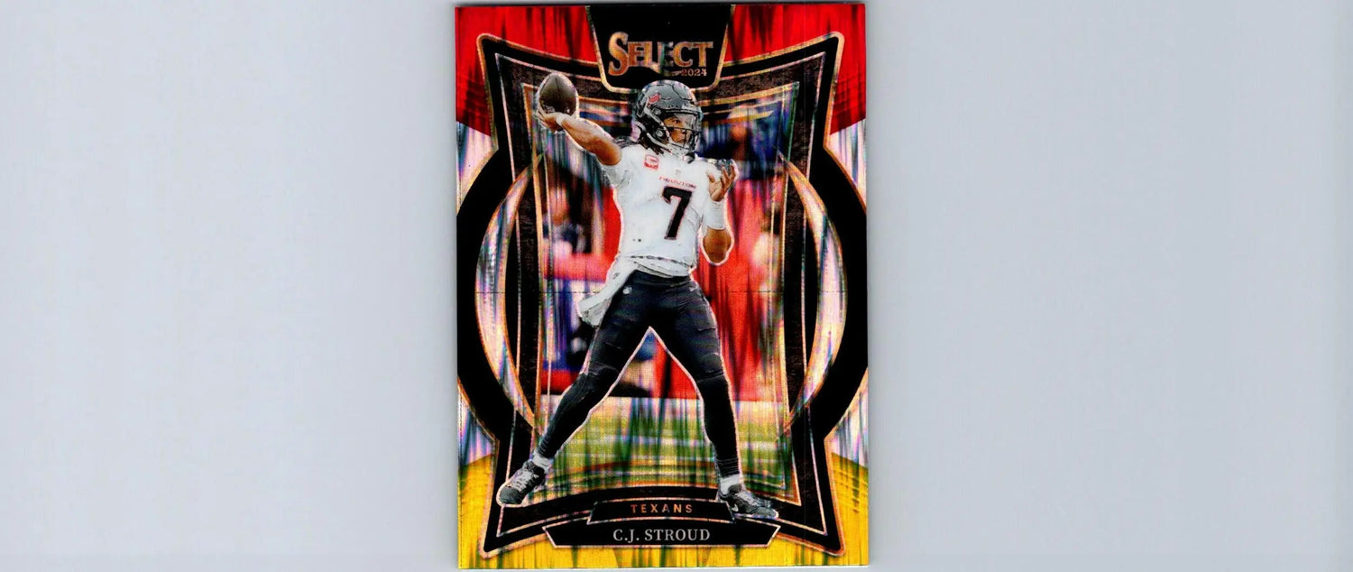 Football trading card featuring C.J. Stroud in a white jersey from Panini Select with yellow Prizm Shock