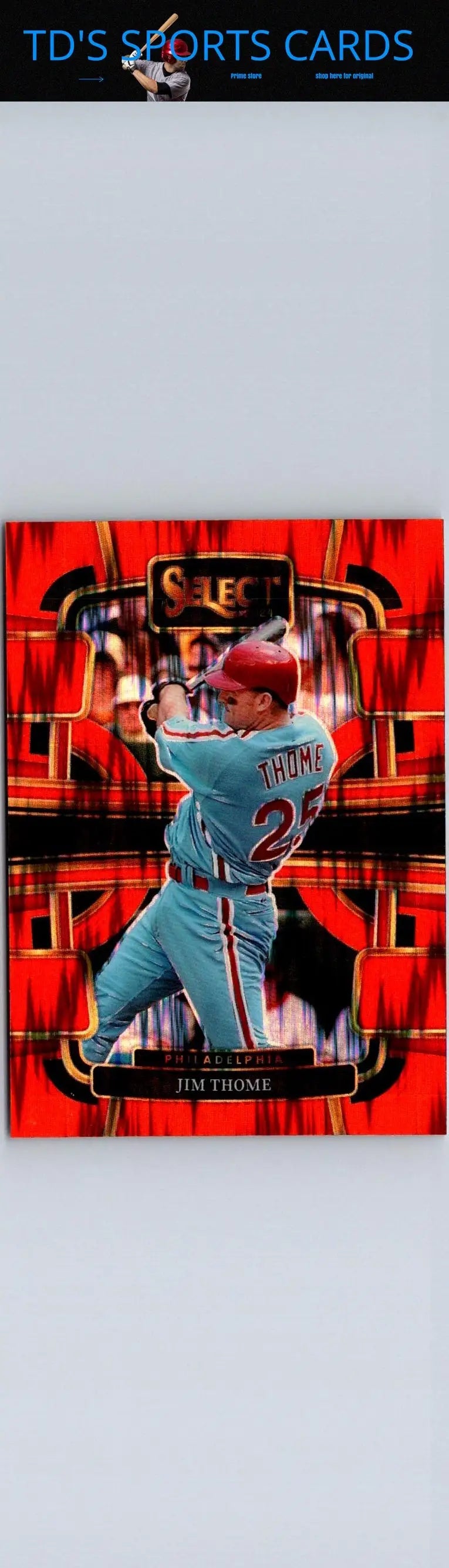 Jim Thome baseball card showcasing 2024 Panini Select Jim Thome Orange Flash Prizms