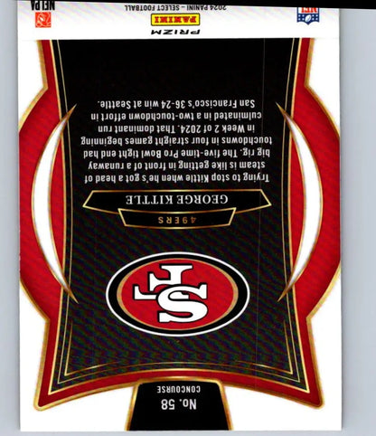 Back of a George Kittle 2024 Panini Select football card featuring George Kittle Red and Yellow Prizm Shock
