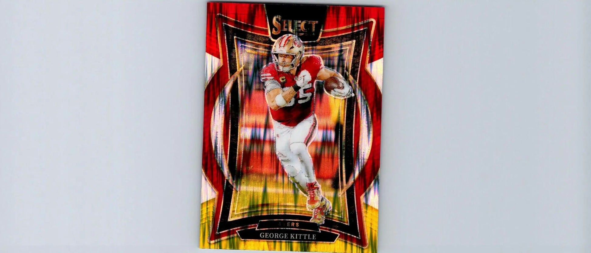 Football trading card featuring George Kittle of the San Francisco 49ers with George Kittle Red and Yellow Prizm Shock design