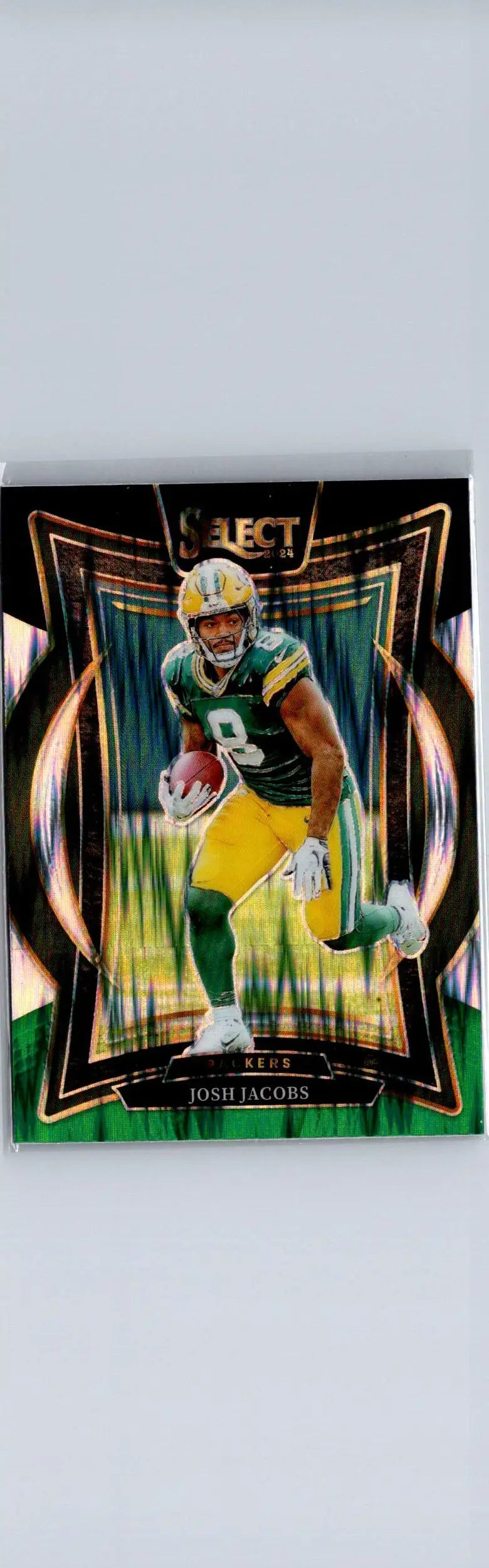 Football trading card of Josh Jacobs in Green Bay Packers uniform featuring Green Prizm Shock