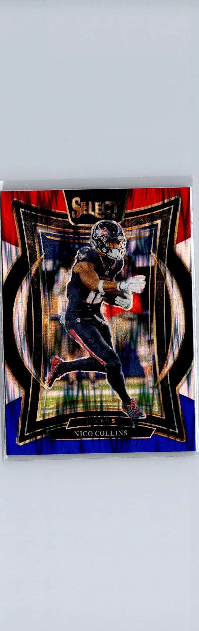 Nico Collins football card from 2024 Panini Select featuring Nico Collins Red & Blue Prizm Shock
