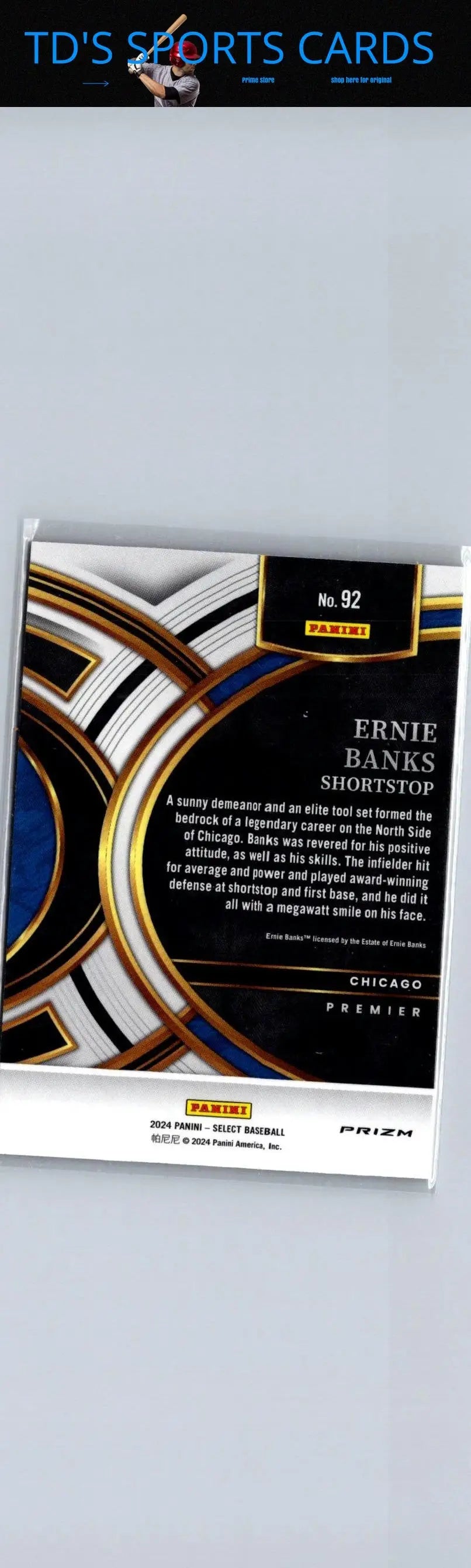 Ernie Banks baseball card from 2024 Panini Select series featuring iconic Chicago Cubs player