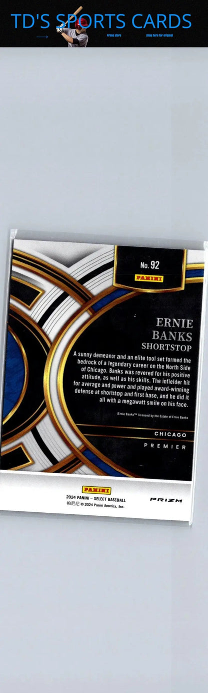 Ernie Banks baseball card from 2024 Panini Select series featuring iconic Chicago Cubs player
