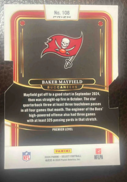 Back of a Baker Mayfield Buccaneers Panini Select Baker football card, Premier Silver Die-Cut
