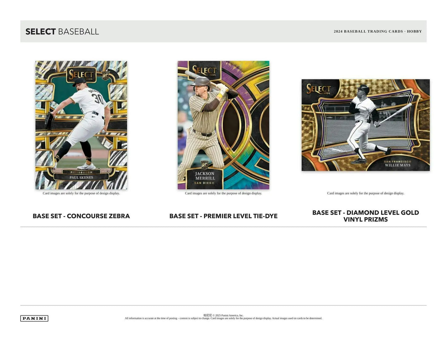 Baseball trading cards from the 2024 Panini Select Baseball Hobby Box display