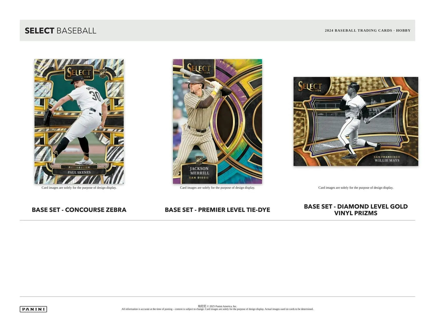 Baseball trading cards from the 2024 Panini Select Baseball Hobby Box display