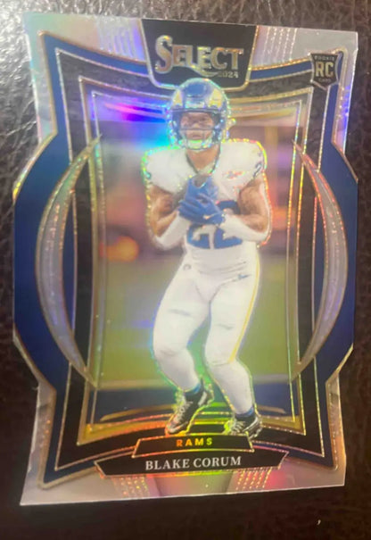 Football trading card featuring Blake Corum in Rams uniform from 2024 Panini Select Blake Concourse Silver Prizm