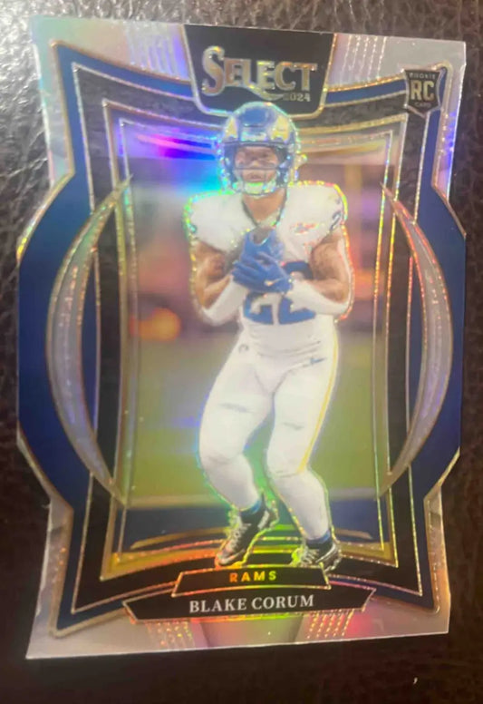 Football trading card featuring Blake Corum in Rams uniform from 2024 Panini Select Blake Concourse Silver Prizm