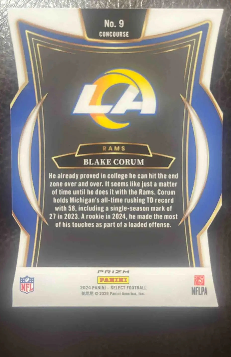 Back of a Blake Corum Los Angeles Rams trading card from 2024 Panini Select Blake Concourse Silver Prizm