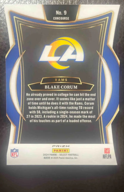 Back of a Blake Corum Los Angeles Rams trading card from 2024 Panini Select Blake Concourse Silver Prizm