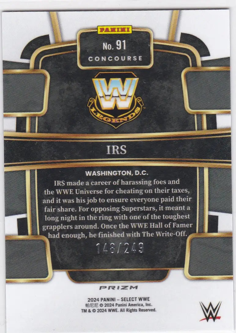 IRS WWE Legends card from 2024 Panini Select Blue Prizm #91, limited to 149/249
