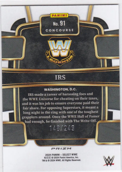 IRS WWE Legends card from 2024 Panini Select Blue Prizm #91, limited to 149/249