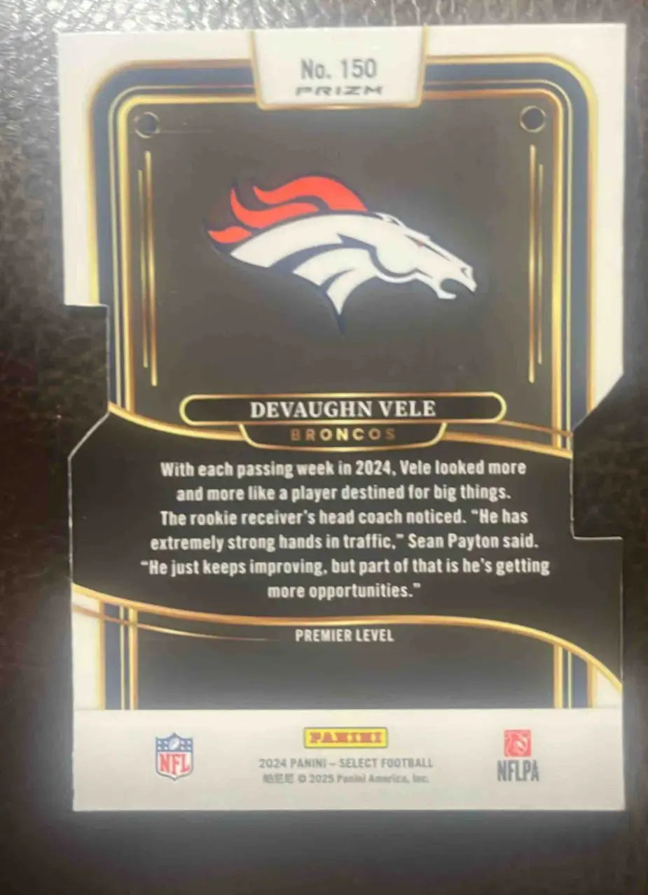 Back of 2024 Panini Select Devaughn Vele Premier Silver Prizm Die-Cut card showing player details