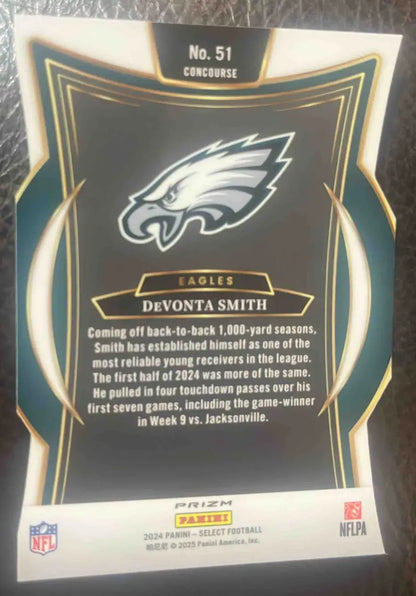 Back of a Devonta Smith Philadelphia Eagles Panini Select Devonta card showing serial number