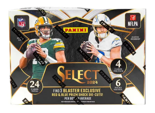 Sealed 2024 Panini Select Football trading cards box with red and blue Prizms