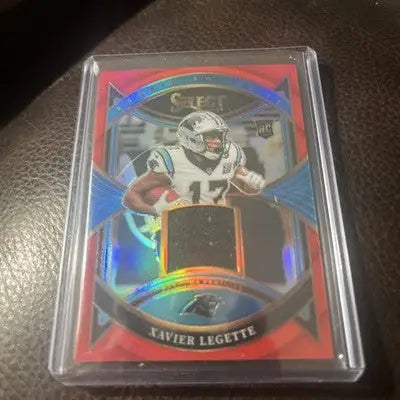 Red Prizm football trading card of Xavier Legette in Carolina Panthers uniform from Panini Select Football