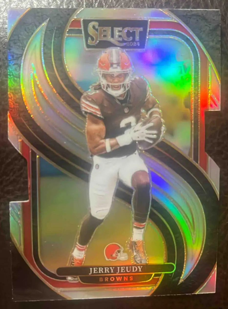 Panini Select Jerry Jeudy football card for Browns in 2024 Panini Select Jerry Jeudy Premier Silver Prizm Die-Cut