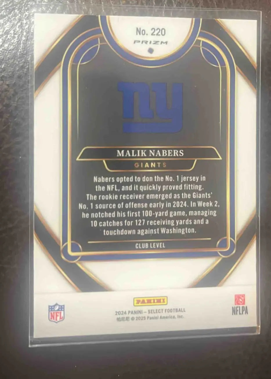 Collectible Panini Select Malik Nabers football card featuring Malik Nabers Club design