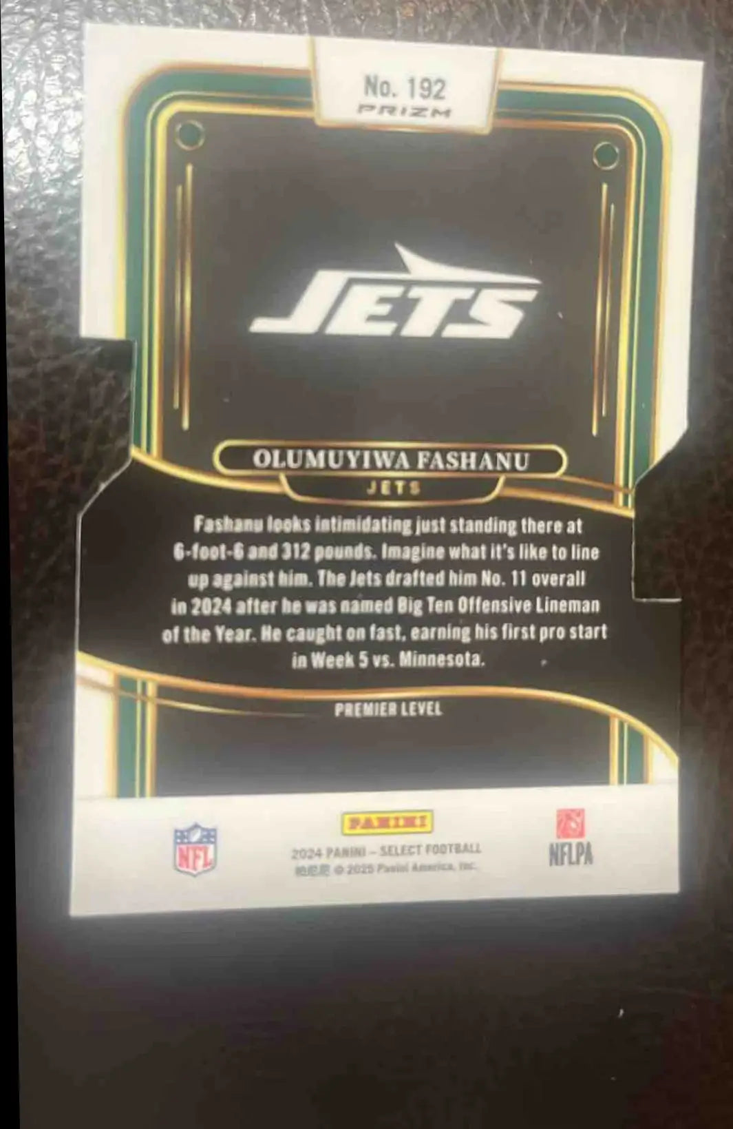 Football trading card of Olu Fashanu from 2024 Panini Select Olumuyiwa Fashanu Premier Silver Prizm Die-Cut