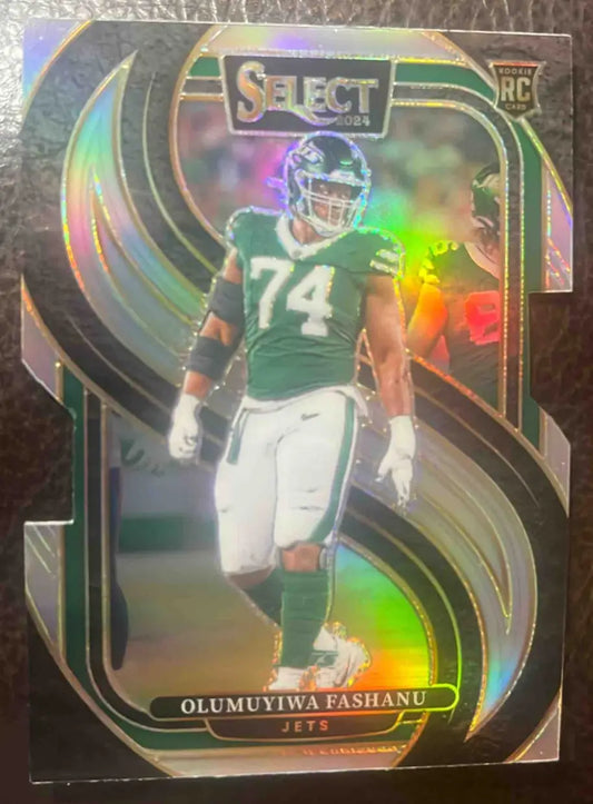 Holographic Olumuyiwa Fashanu 2024 Panini Select rookie card Jets numbered 74