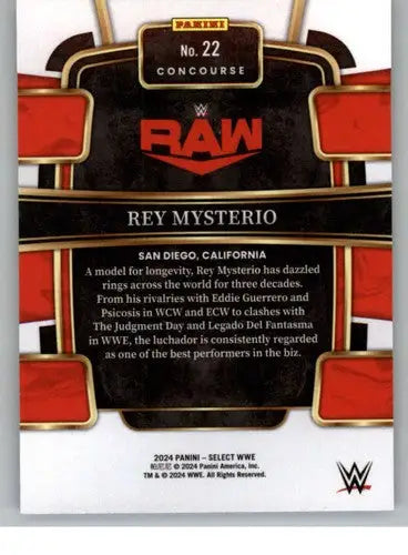 Back of a Rey Mysterio WWE trading card from 2024 Panini Select Red and Blue series