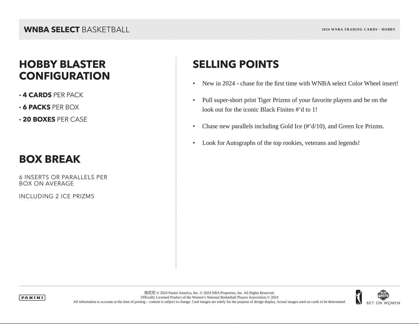 Panini Select WNBA basketball hobby blaster box with collectible cards and selling points