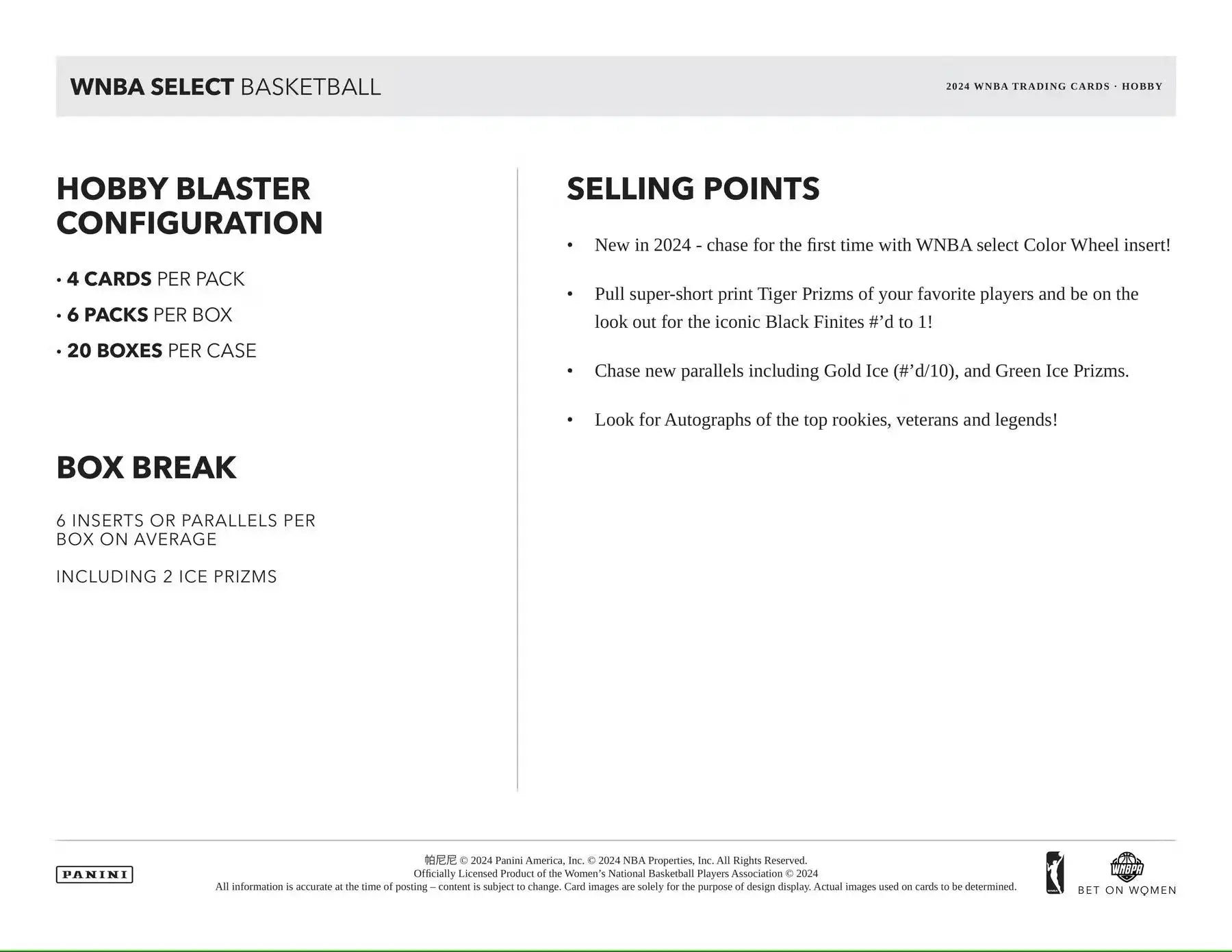 Panini Select WNBA basketball hobby blaster box with collectible cards and selling points