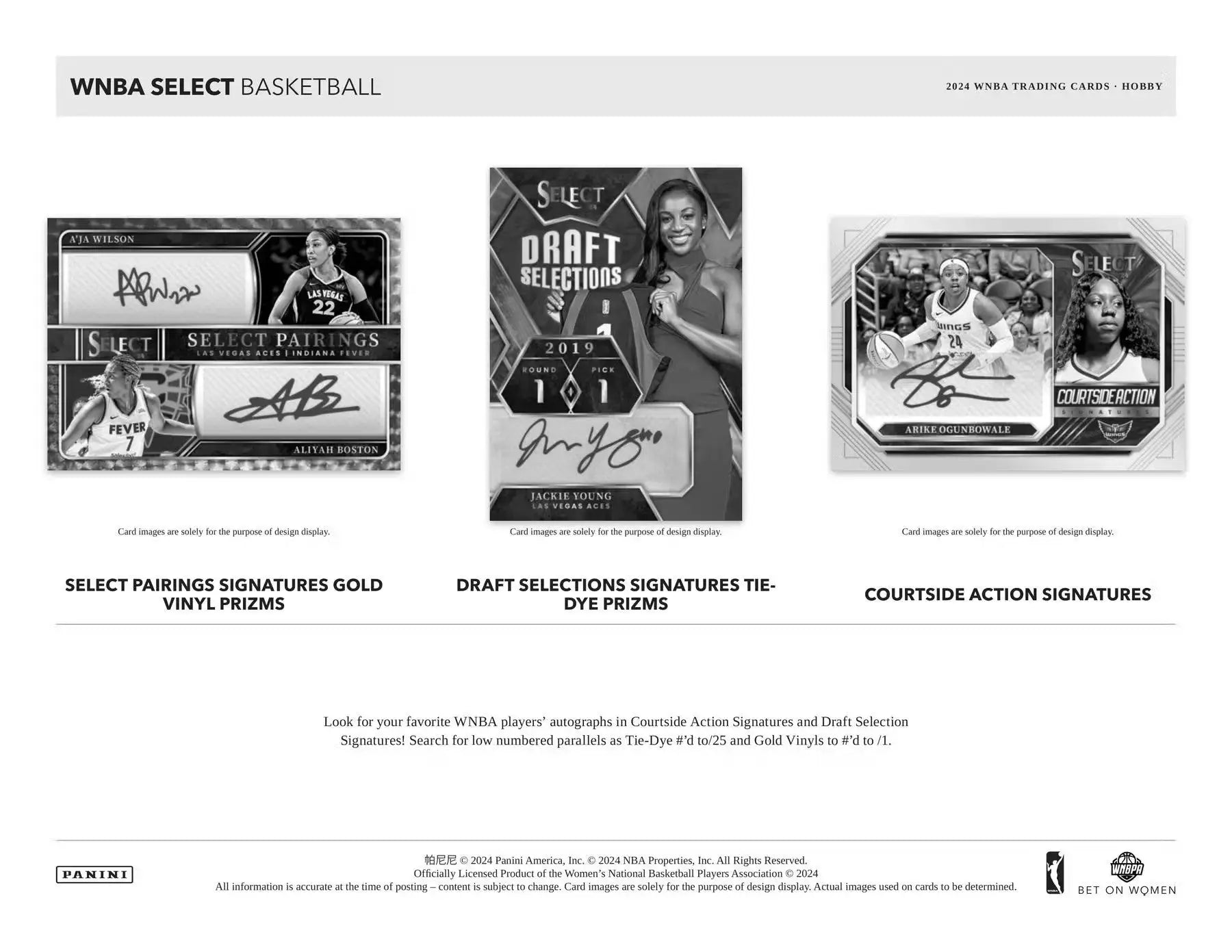 Advertisement page for 2024 Panini Select WNBA cards featuring black color blast designs