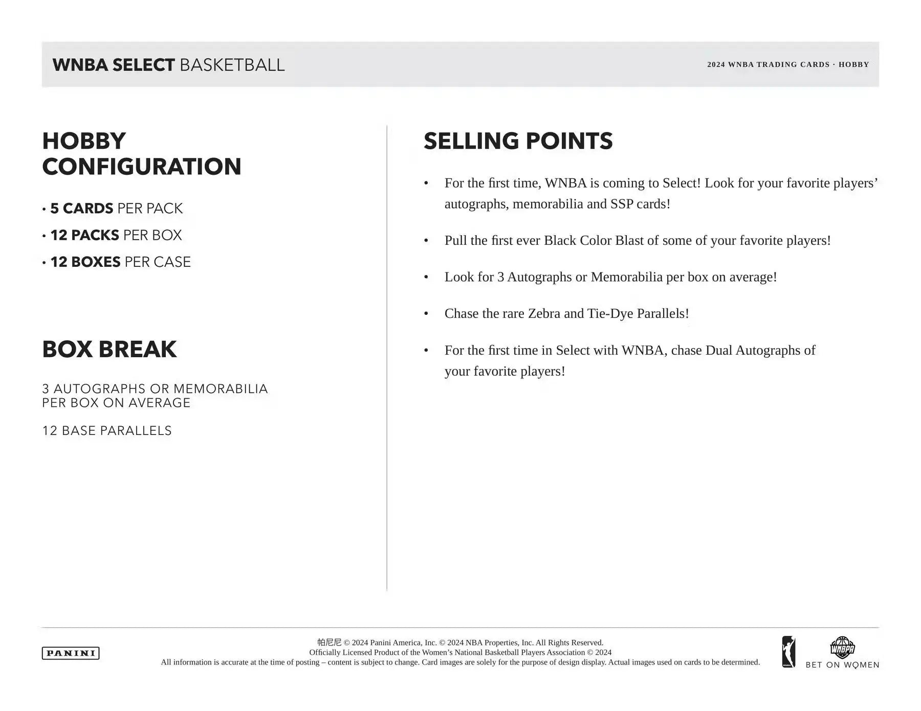 Product information card for 2024 Panini Select WNBA Basketball Hobby Box highlighting black color blast