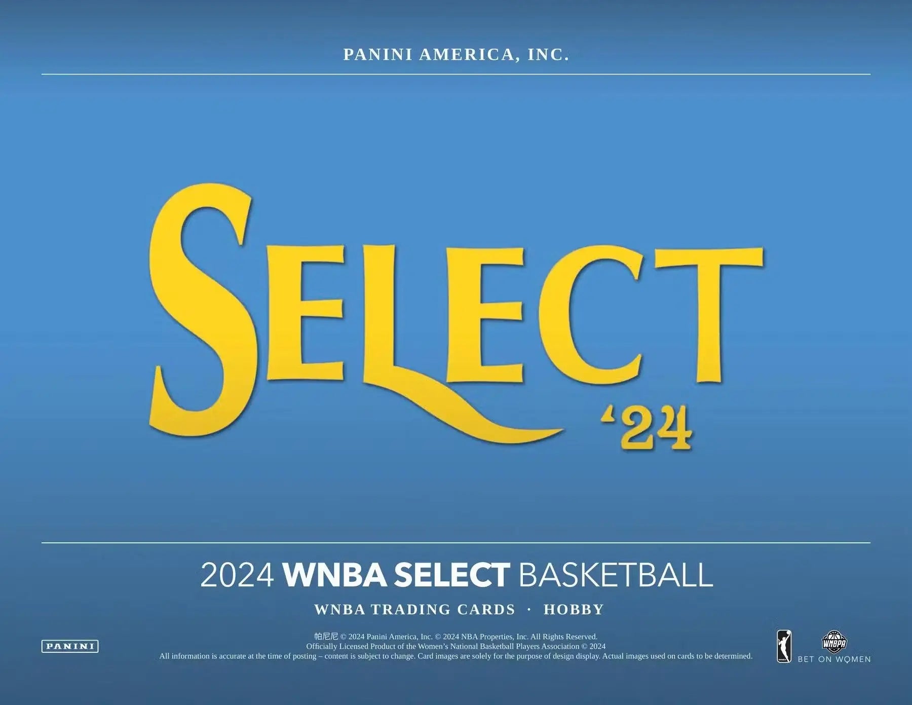 Yellow SELECT 24 text on blue background for 2024 Panini Select WNBA Basketball Hobby Box