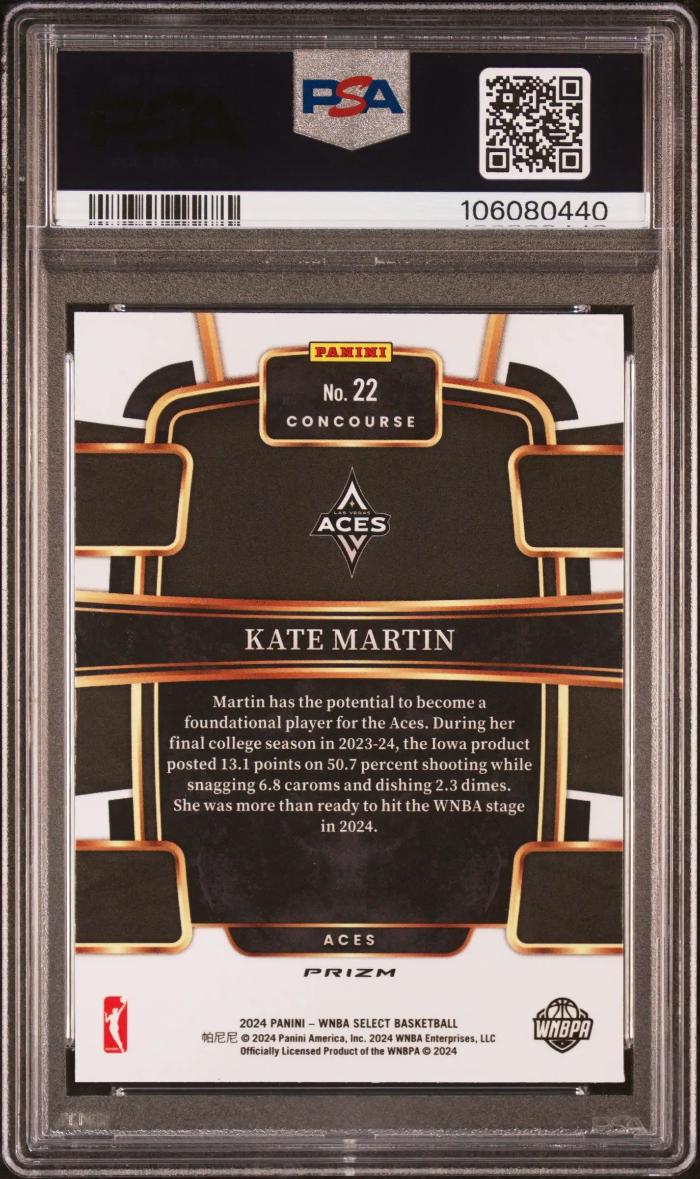 Kate Martin basketball card from 2024 Panini Select WNBA featuring Kate Martin in silver flash PSA 10