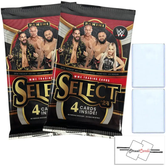 Two WWE Select 24 trading card packs with streetcards magnet and toploaders
