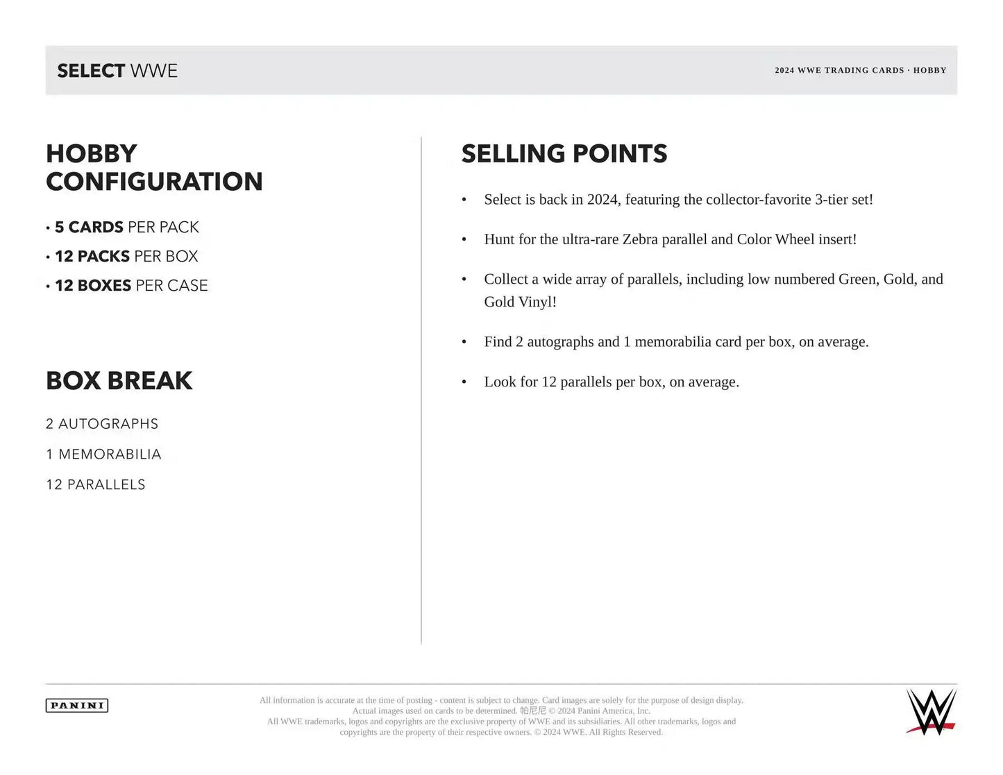 WWE trading card product details for 2024 Panini Select WWE Wrestling Hobby Box with two autographs