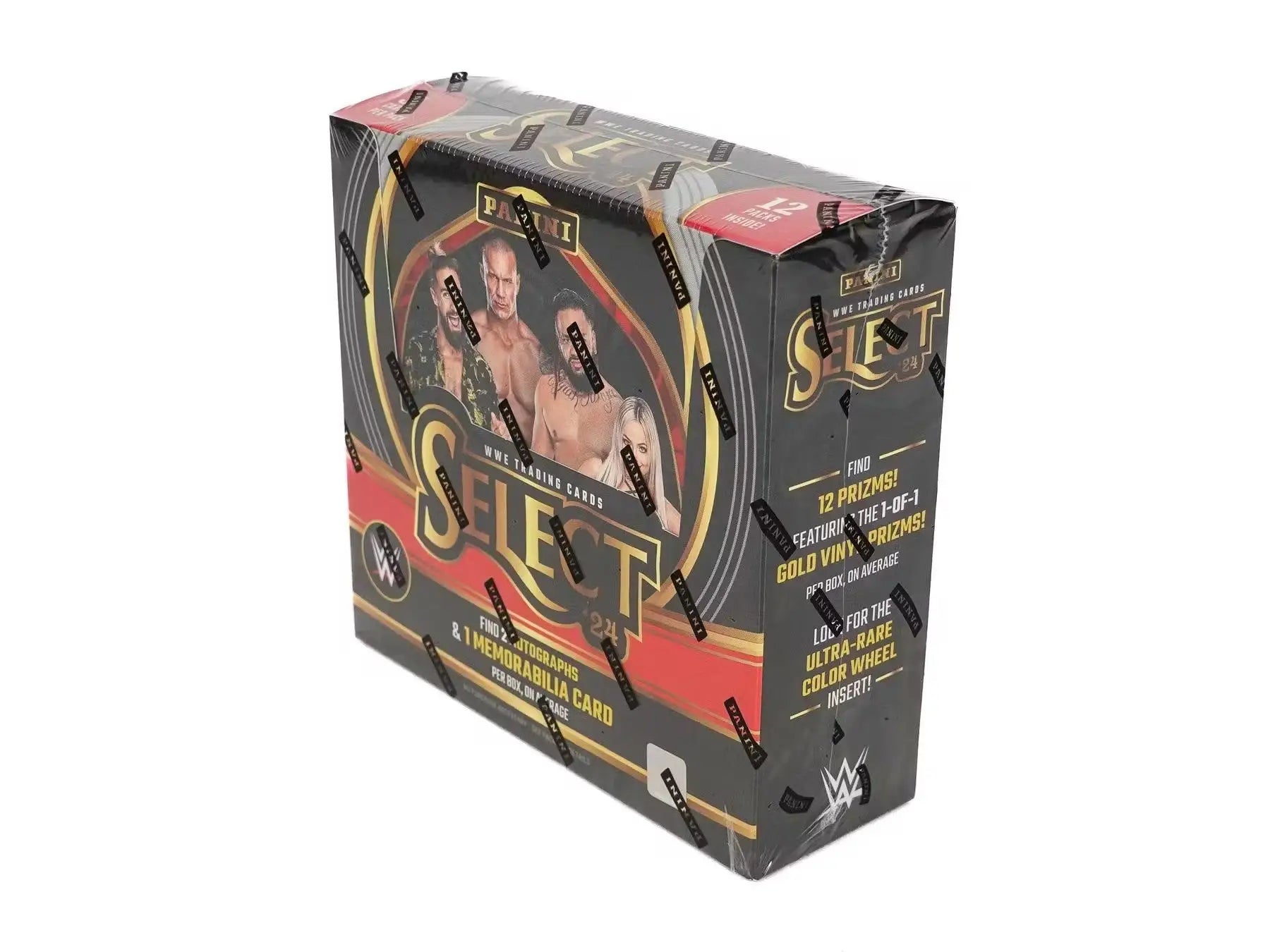 Sealed box of WWE Select trading cards featuring vibrant colors and two autographs