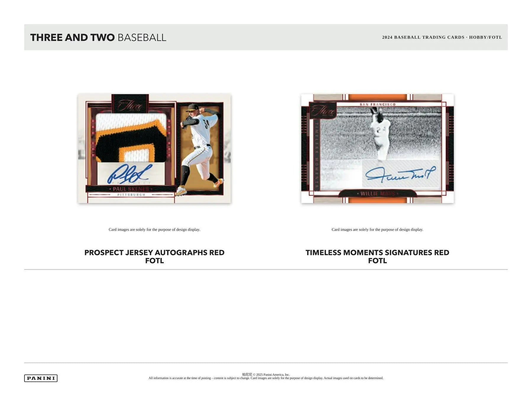 Baseball trading cards featuring memorabilia card and inserts parallels from 2024 Panini Three and Two Hobby Box