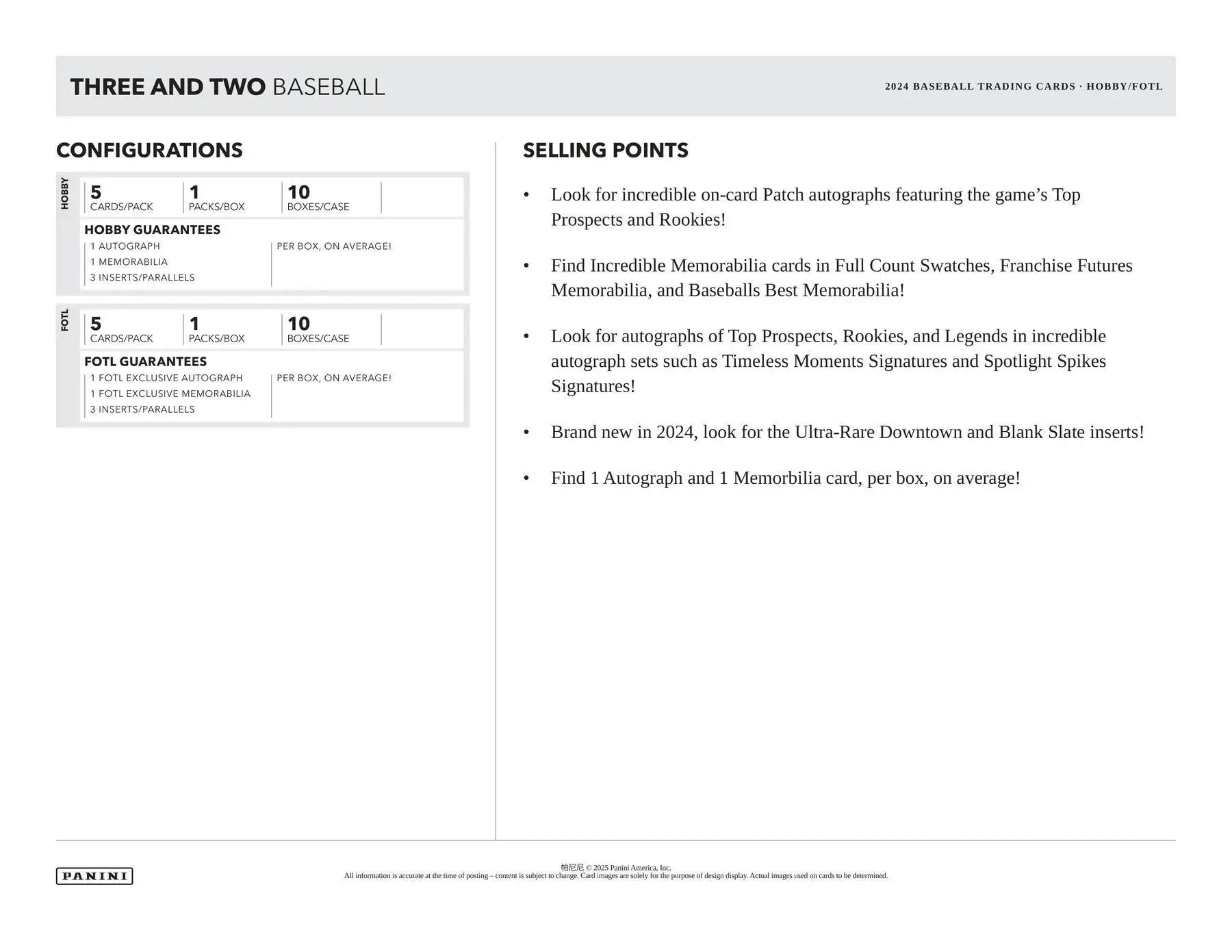Baseball card product info sheet for 2024 Panini Three and Two Hobby Box with memorabilia card inserts parallels